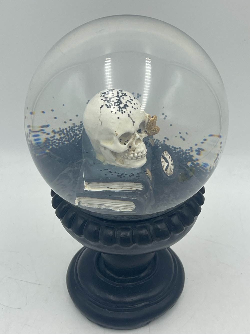 8” Halloween Water Globe Centerpiece w/Skull Books & Clock - Black Pedestal Base